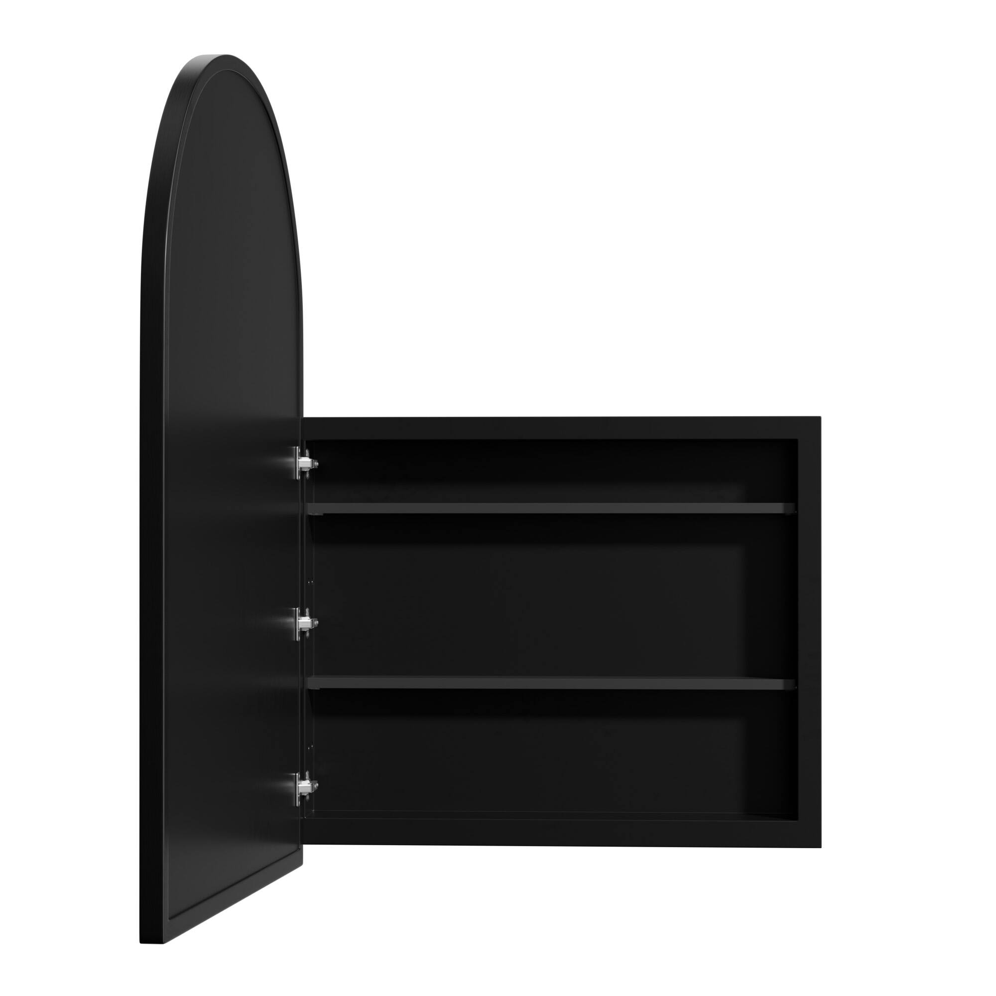 Back. PexFix - 24" x 35.8" Arch Bathroom Mirror Medicine Cabinet with Adjustable Shelves - Wood Frame, Recessed or Surface Mount - Black.