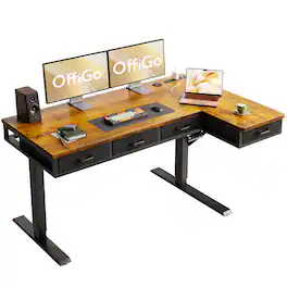 AODK - L Shaped Electric Standing Desk with Drawers, Height Adjustable Sit Stand Computer Table with Power Outlets - Brown