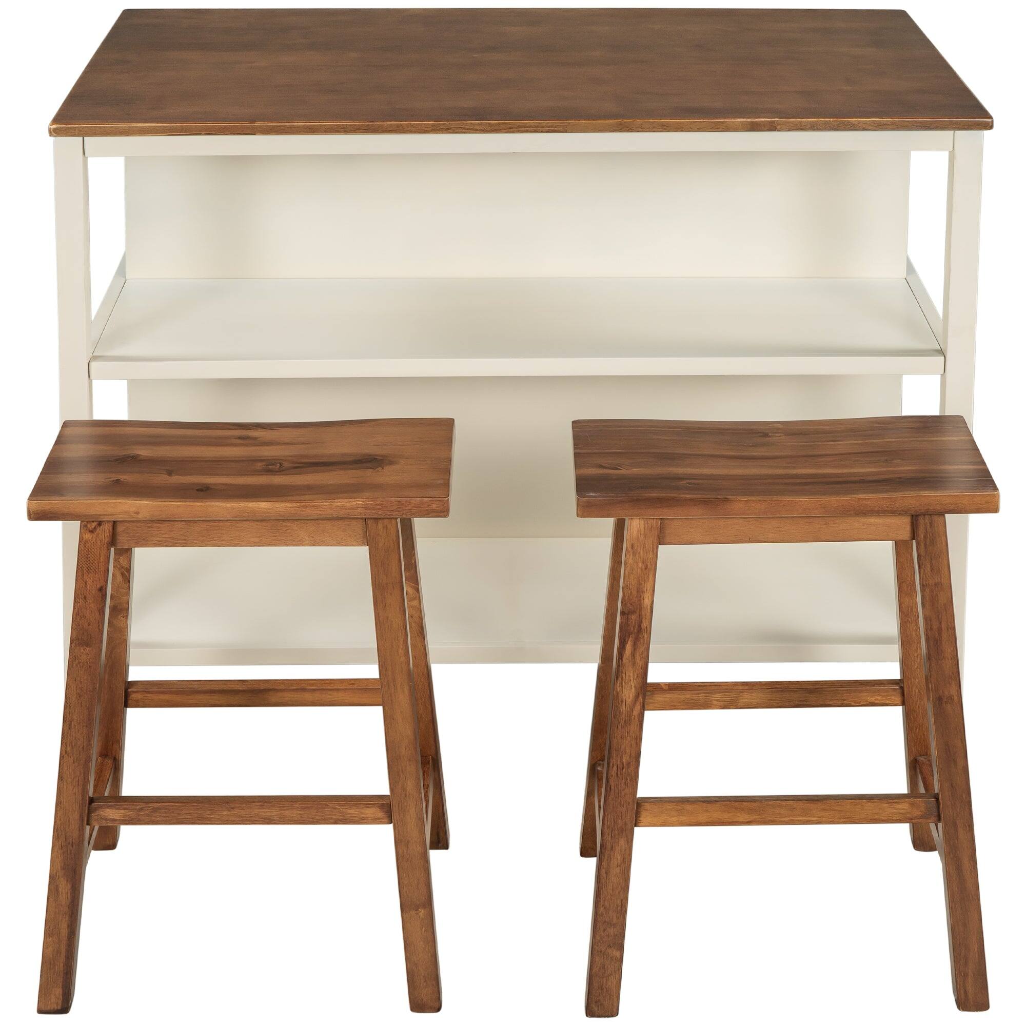 Front. Boyel Living - Rustic 3-Piece Kitchen Island Set with 2 Stools – Solid Wood, Butcher Block Top and Open Shelves - Brown+White.