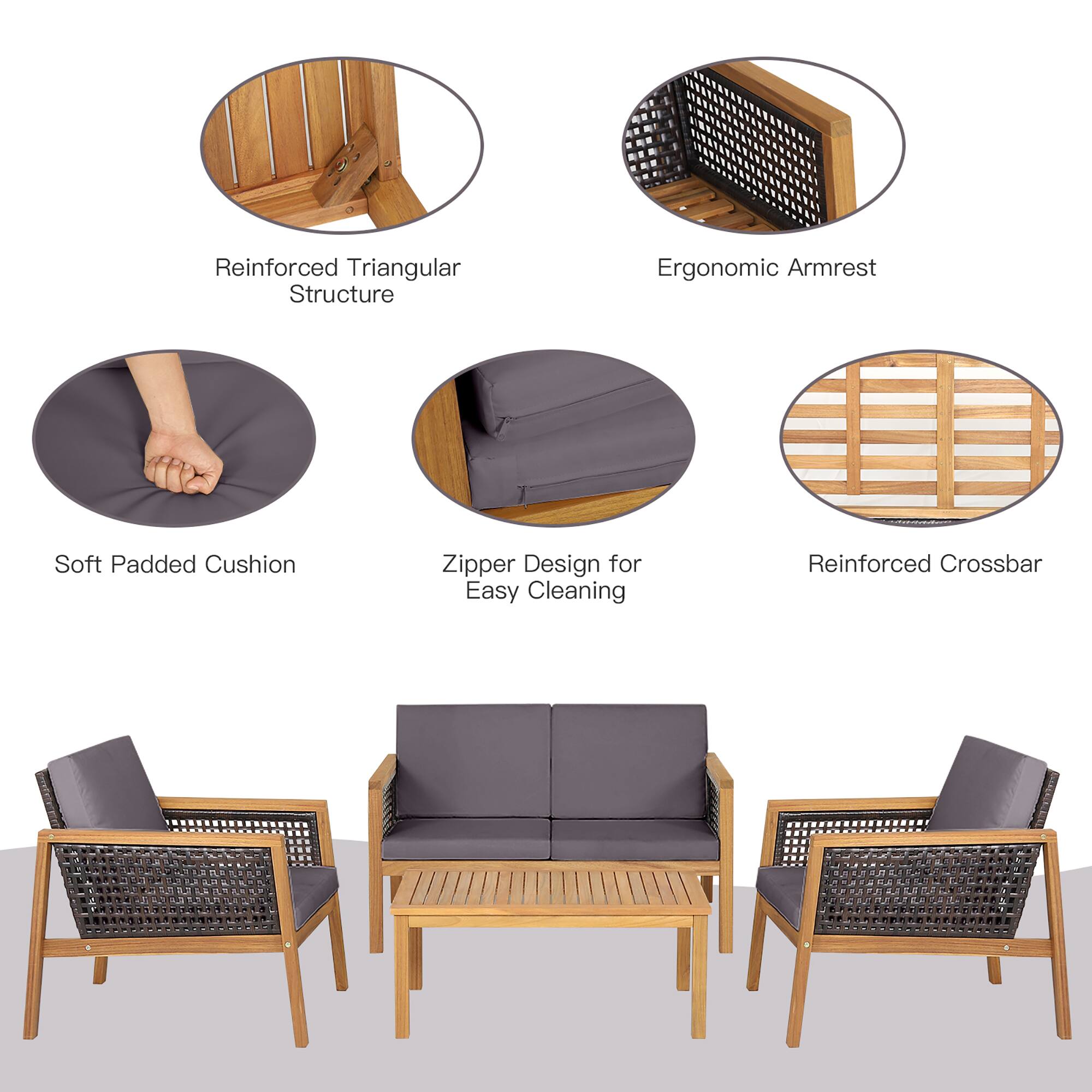 Reinforced Triangular Structure  
Ergonomic Armrest  
Soft Padded Cushion  
Zipper Design for Easy Cleaning  
Reinforced Crossbar