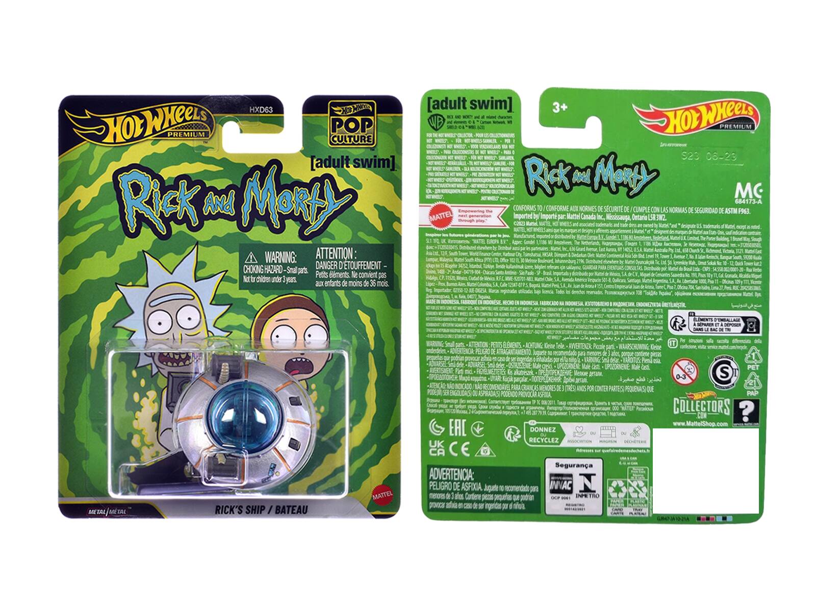HXD63 Hot Wheels Premium Culture Pop Rick and Morty [adult swim] WARNING: ATTENTION: CHOKING HAZARD - Small parts. Not for children under 3 years. 3+

Hot Wheels Premium

Rick and Morty

Rick's Ship / Bateau

Mattel

Imported by Mattel Canada Inc., Mississauga, Ontario L5V 3W2

Conforms to: ASTM F963

EAC

CE

RECYCLE

ADVERTENCIA: PELIGRO DE ASFIXIA. No recomendado para menores de 3 años.