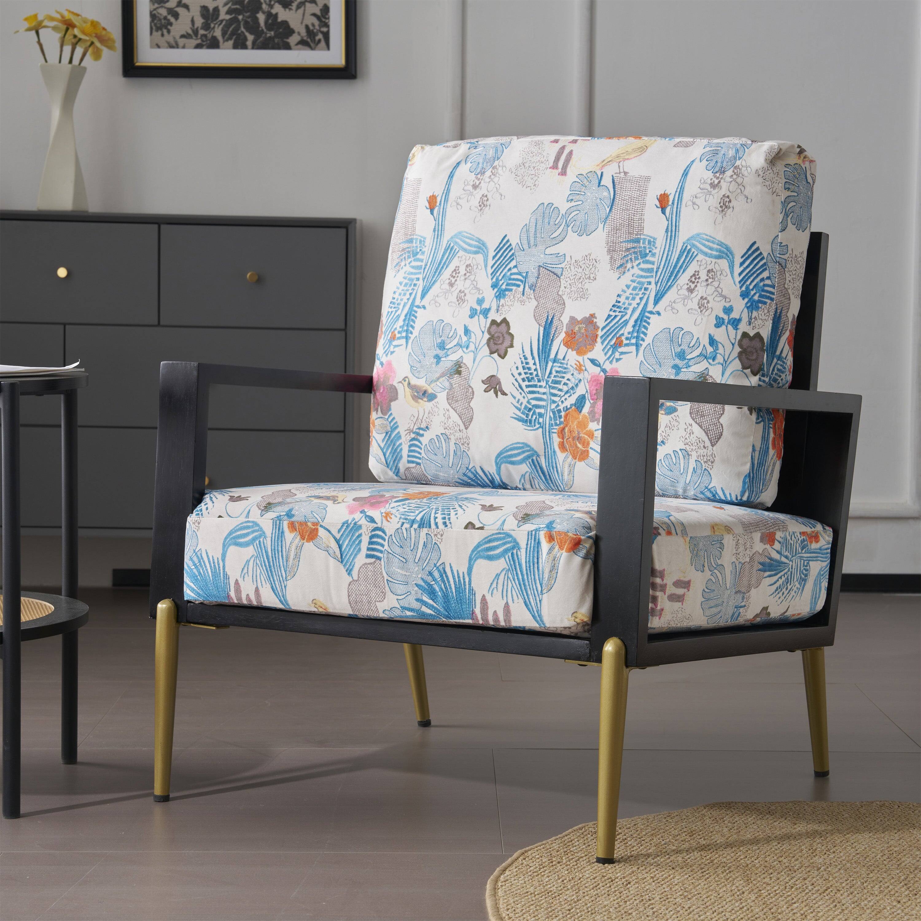Alt View 1. Boyel Living - Blue Retro Rubberwood Frame Low Back Floral Print Velvet Accent Armchair with Gold Metal Legs and Pillow Back - Blue.