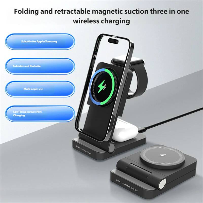 Folding and retractable magnetic suction three in one wireless charging

Suitable for Apple/Samsung

Foldable and Portable

Multi angle use

Low-Temperature Fast Charging