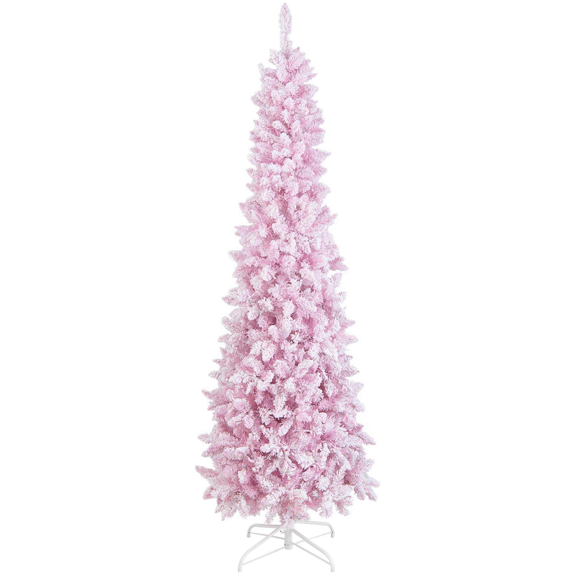 Alt View 21. Costway - 7FT Pre-Lit Snow Flocked Hinged Pencil Christmas Tree w/ 300 Lights & 8 Modes - Pink/White.