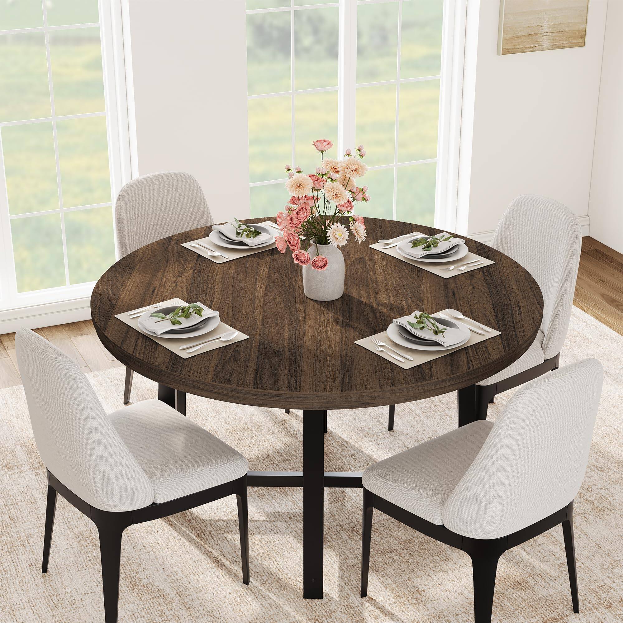 Left. Acekool - 47" Round Dining Table for 4, Modern Industrial Kitchen Table with Thick Tabletop & Sturdy Metal Base - Brown.