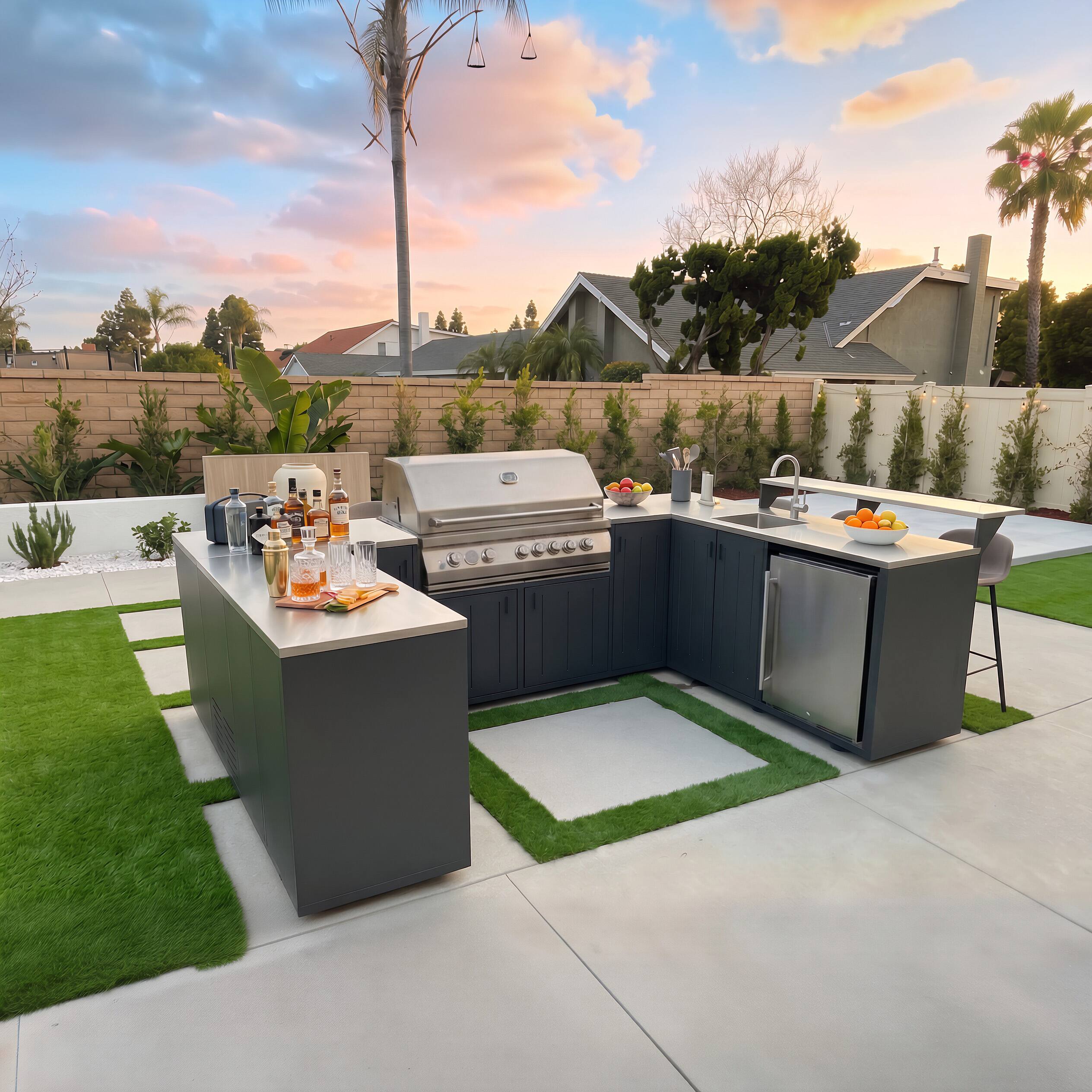 Back. Famapy - Modular L-Shaped Outdoor Kitchen Set with 304 SS Countertop, Grill Base & Sink Bar for Backyard Patio BBQ Storage.