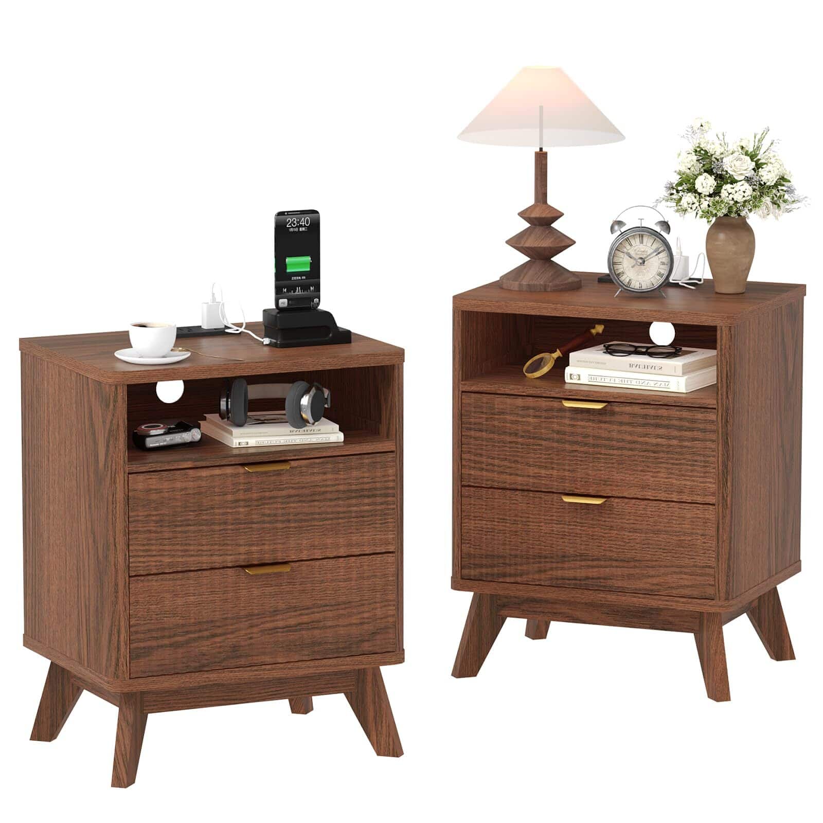 Acekool - Fluted Nightstand Set of 2 with Charging Station, 15" Mid Century Modern Bedside Table with 2 Drawer - Brown