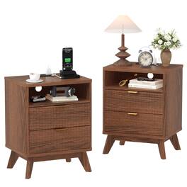 Acekool - Fluted Nightstand Set of 2 with Charging Station, 15" Mid Century Modern Bedside Table with 2 Drawer - Brown