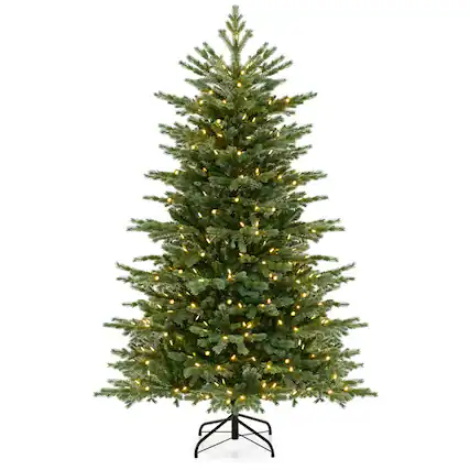 Front. WELLFOR - 6 ft Pre‑lit Hinged Artificial Christmas Tree with 2116 Mixed PE‑PVC Branch Tips &300 Warm‑White Bulb‑Shell LED Lights - Green.