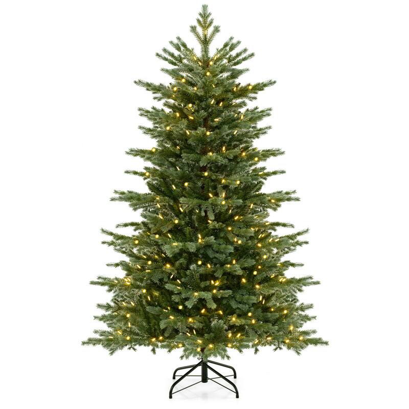 Front. WELLFOR - 6 ft Pre‑lit Hinged Artificial Christmas Tree with 2116 Mixed PE‑PVC Branch Tips &300 Warm‑White Bulb‑Shell LED Lights - Green.