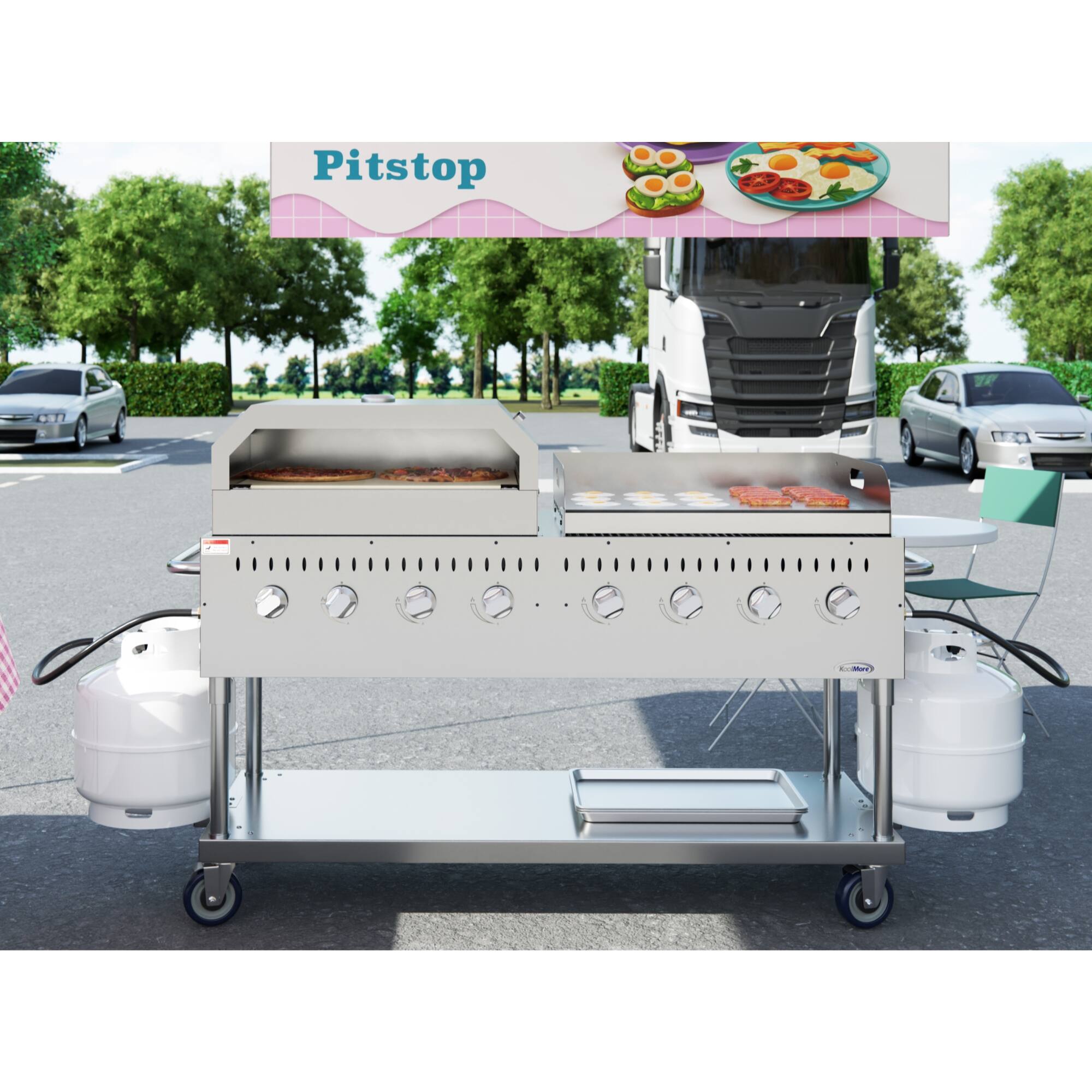 Back. Koolmore - 60 in. 8-Burner Commercial Outdoor Propane Gas Grill with 30 in. Griddle and 30 in. Pizza Oven in Stainless-Steel - Stainless Steel.