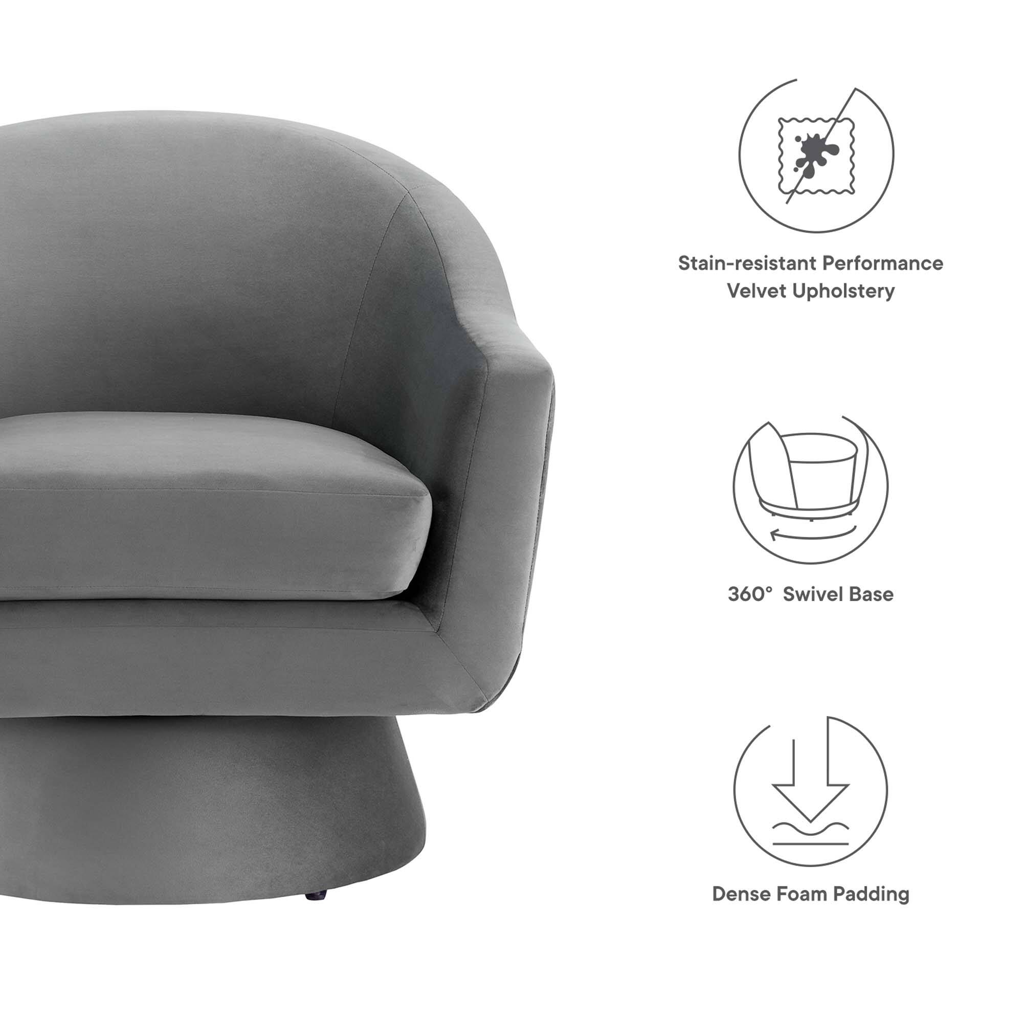 Stain-resistant Performance Velvet Upholstery  
360° Swivel Base  
Dense Foam Padding