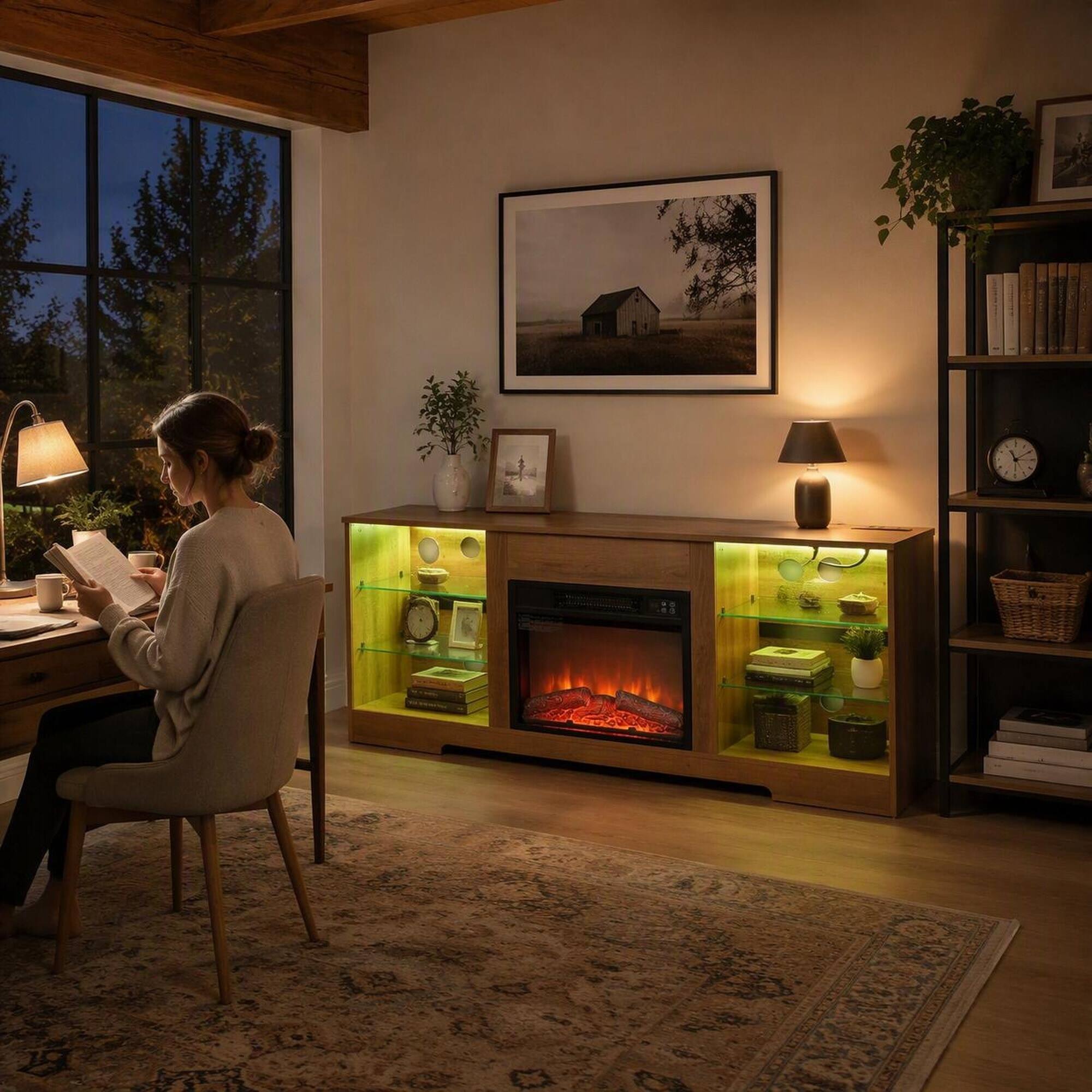 Left. RYHNUYNE - 58" TV Stand with 18" Electric Fireplace, LED Color-Changing Flame, Glass Shelves, Wood Cabinet, USB & Outlets - White.