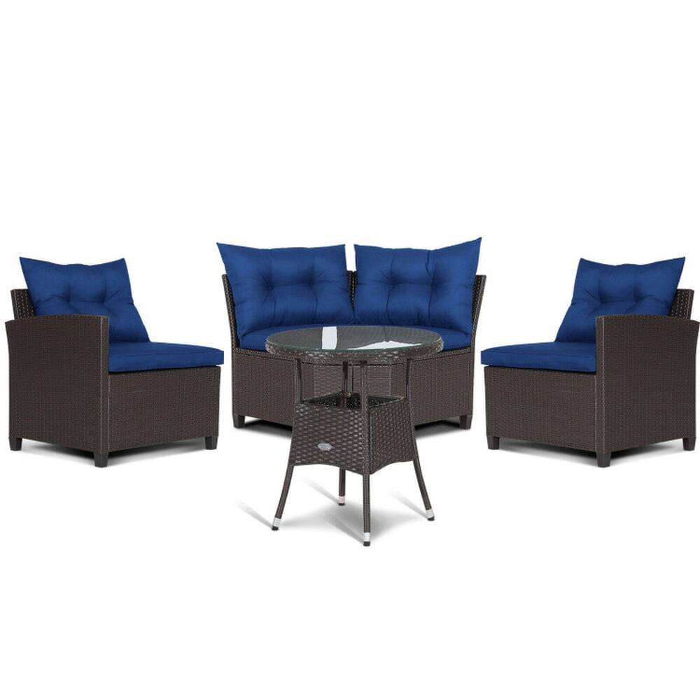 Alt View 4. Pefilos - 4 Pieces Patio Rattan Furniture Set of Cushioned Sofa and Glass Table, Furniture Set with Thickened Seat and Back - Blue.