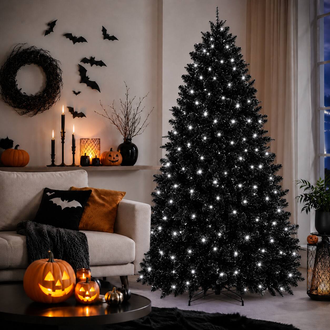 Angle. Anysun - 7ft Christmas Tree with 450 White LED Lights – 1916 Tips PE+PVC Artificial Tree, Hinged Structure & Stable Stand - Black.