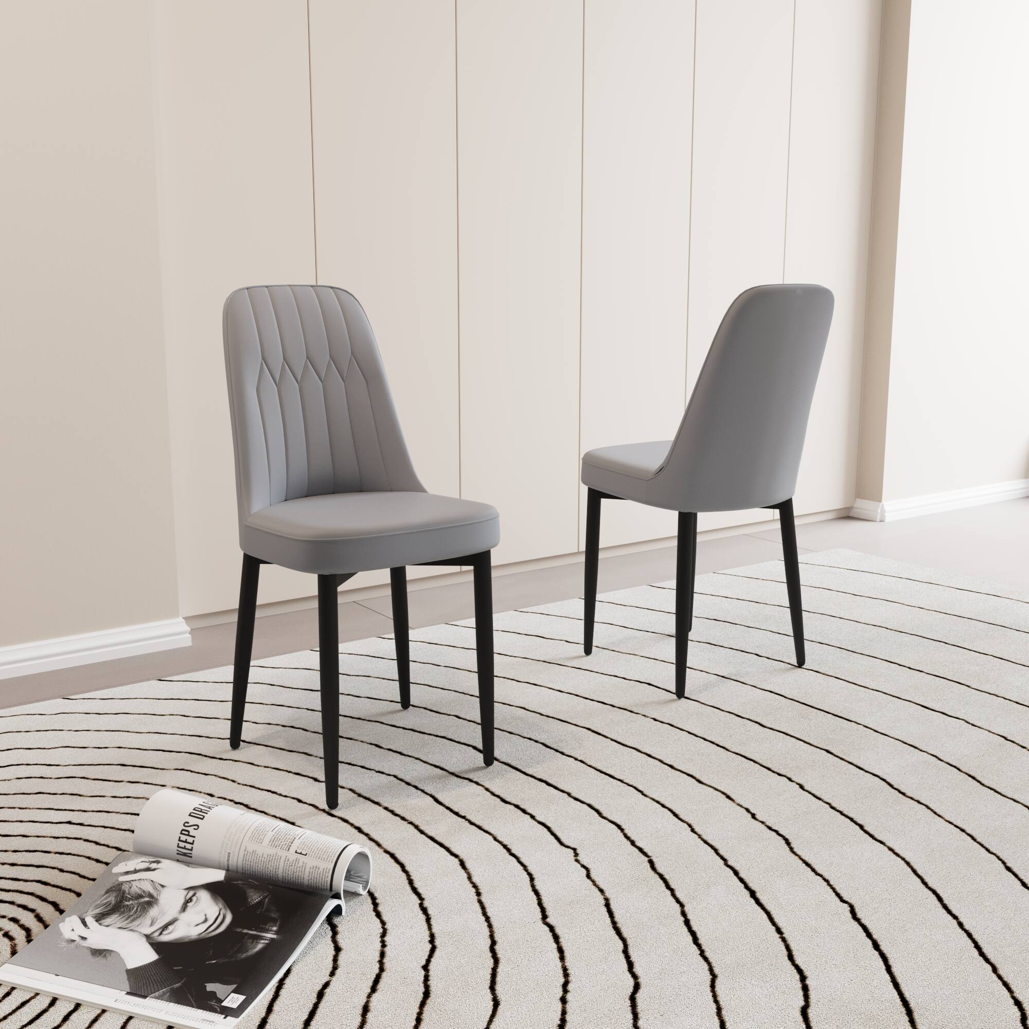 Back. Tiramisubest - Modern Set of 2 Dining Chairs with High-Quality PU Leather and Cushions, Black Metal Legs, Grey - Gray.