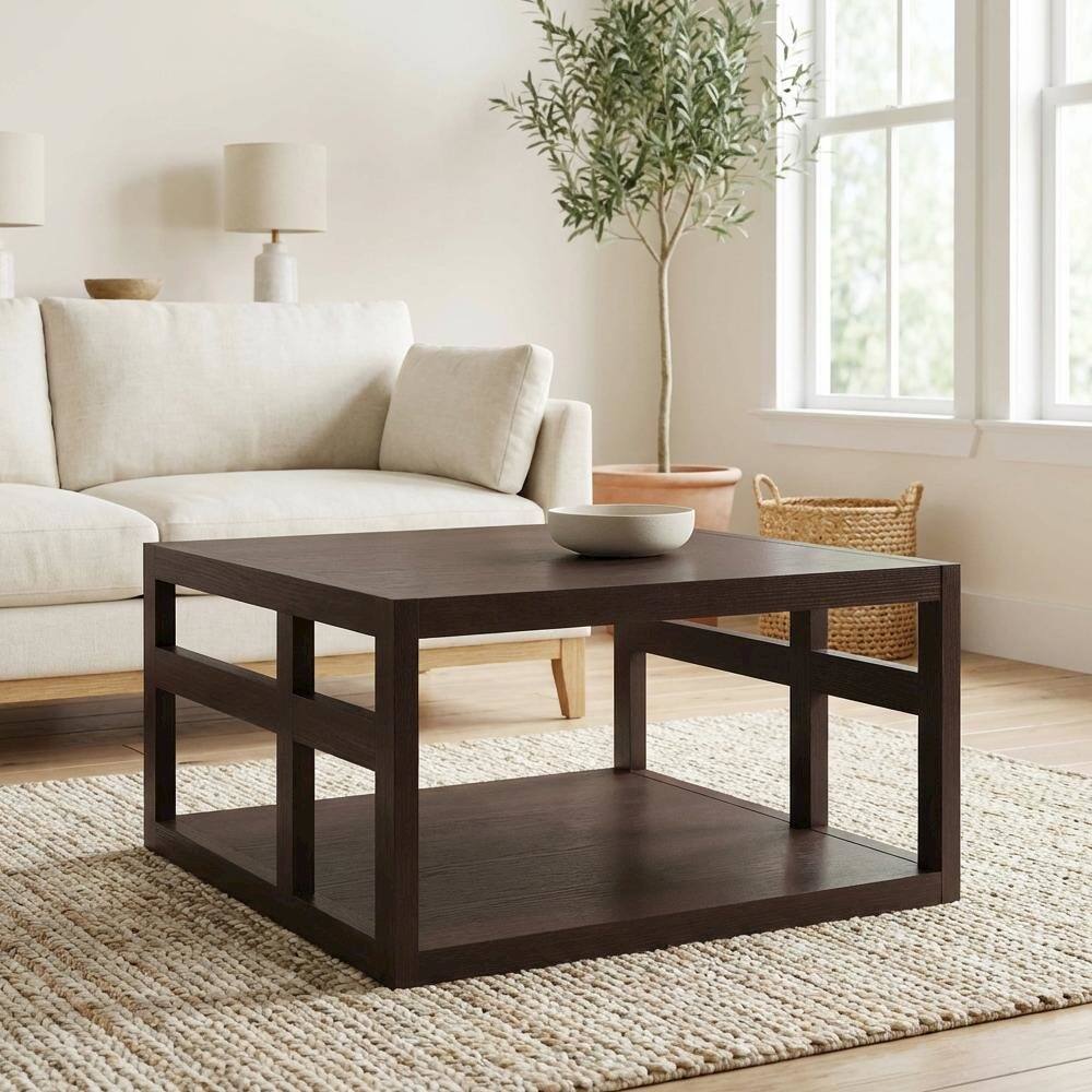 Back. FurniFact - Square Coffee Table in Neutral Finish with Lower Shelf and Contemporary Design - Espresso.