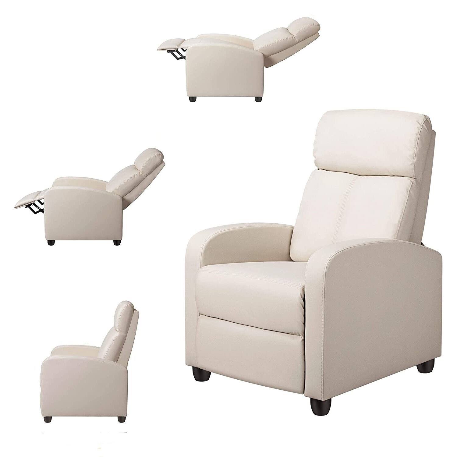 Left. SlickBlue - Modern High-Density Faux Leather Recliner – Push Back Armchair for Bedroom or Office - Off White.