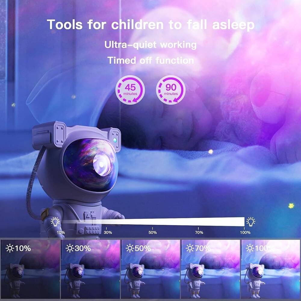 Tools for children to fall asleep  
Ultra-quiet working  
Timed off function  
45 minutes  
90 minutes  

10%  
30%  
50%  
70%  
100%