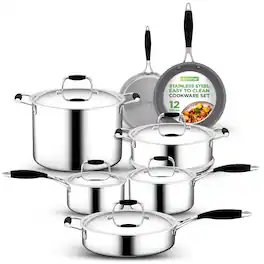 NutriChef - 12-Piece Kitchenware, Non-Stick Pots & Pans Set with Ceramic Coating (NCSSS12) - Stainless Steel