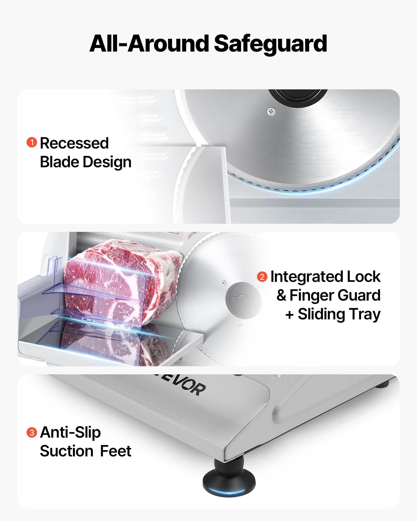 All-Around Safeguard

1. Recessed Blade Design

2. Integrated Lock & Finger Guard + Sliding Tray

3. Anti-Slip Suction Feet