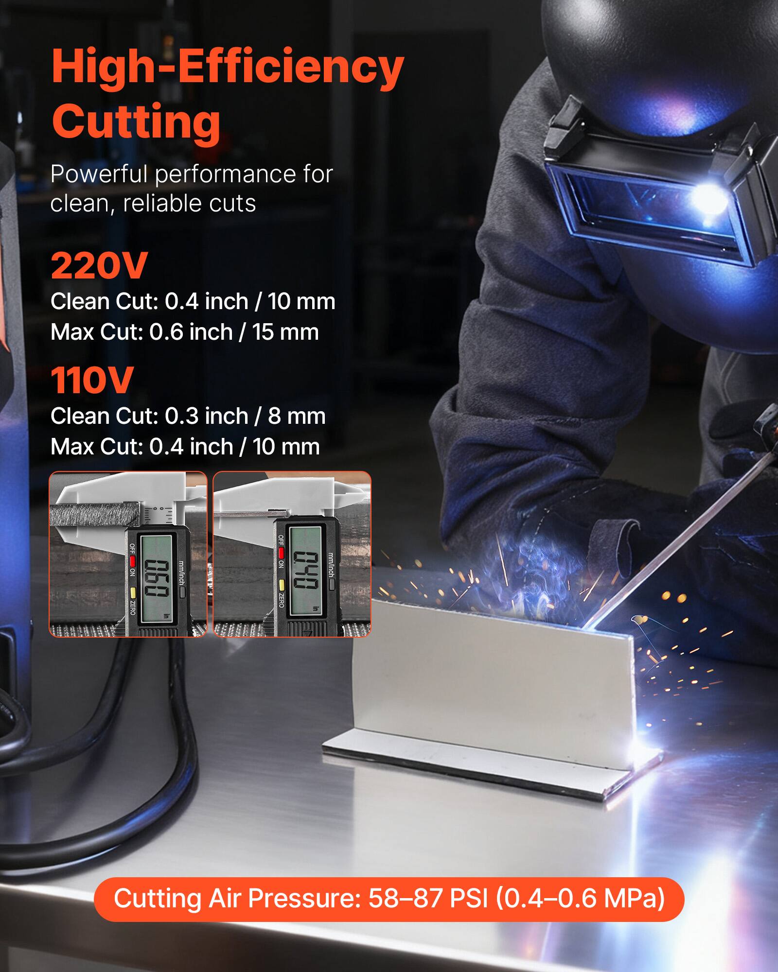 High-Efficiency Cutting  
Powerful performance for clean, reliable cuts

220V  
Clean Cut: 0.4 inch / 10 mm  
Max Cut: 0.6 inch / 15 mm

110V  
Clean Cut: 0.3 inch / 8 mm  
Max Cut: 0.4 inch / 10 mm

OFF NO ZERO  
060  
mm/inch  
FORM  
MARK  
OFF NO ZERO  
040

Cutting Air Pressure: 58-87 PSI (0.4-0.6 MPa)