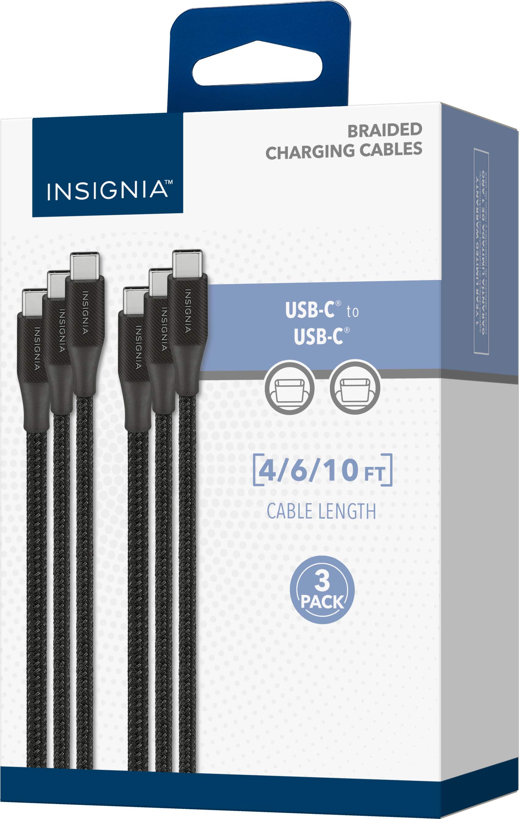Insignia Braided Charging Cables USB-C to USB-C 4/6/10 FT Cable Length 3 Pack