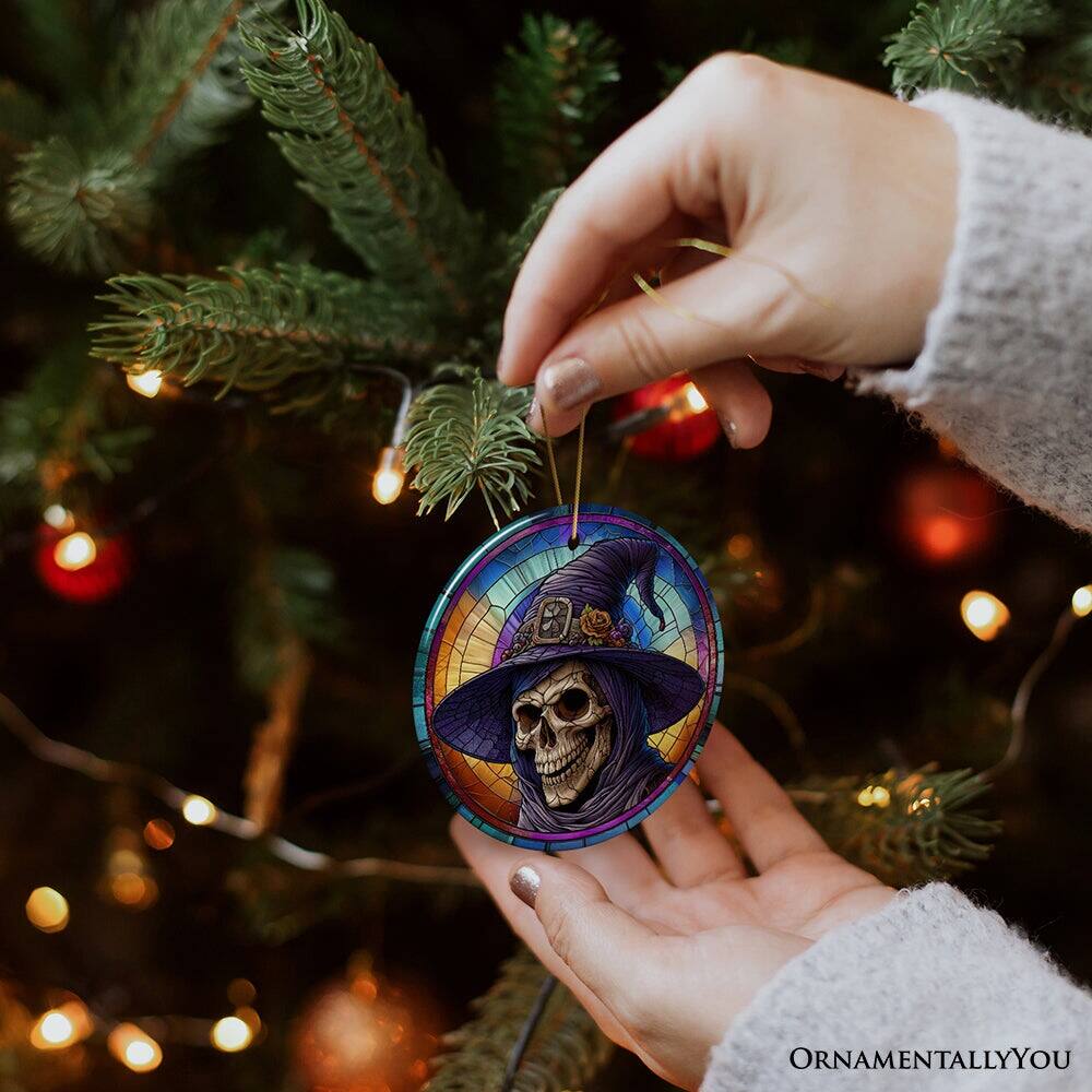 Alt View 1. OrnamentallyYou - Witchy Grin Skull with Hat and Scarf Stained Glass Style Ceramic Ornament Halloween Themed - Multi-colored.