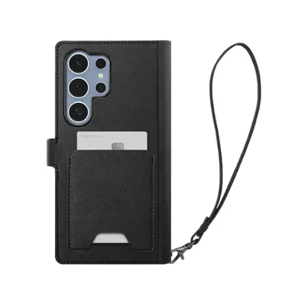 The image features a black case with a strap, designed to hold a cell phone. The case is made of leather and has a pocket for the phone. The strap is attached to the case, making it easy to carry around. The case is made by Spigen, a company known for its high-quality phone cases and accessories.