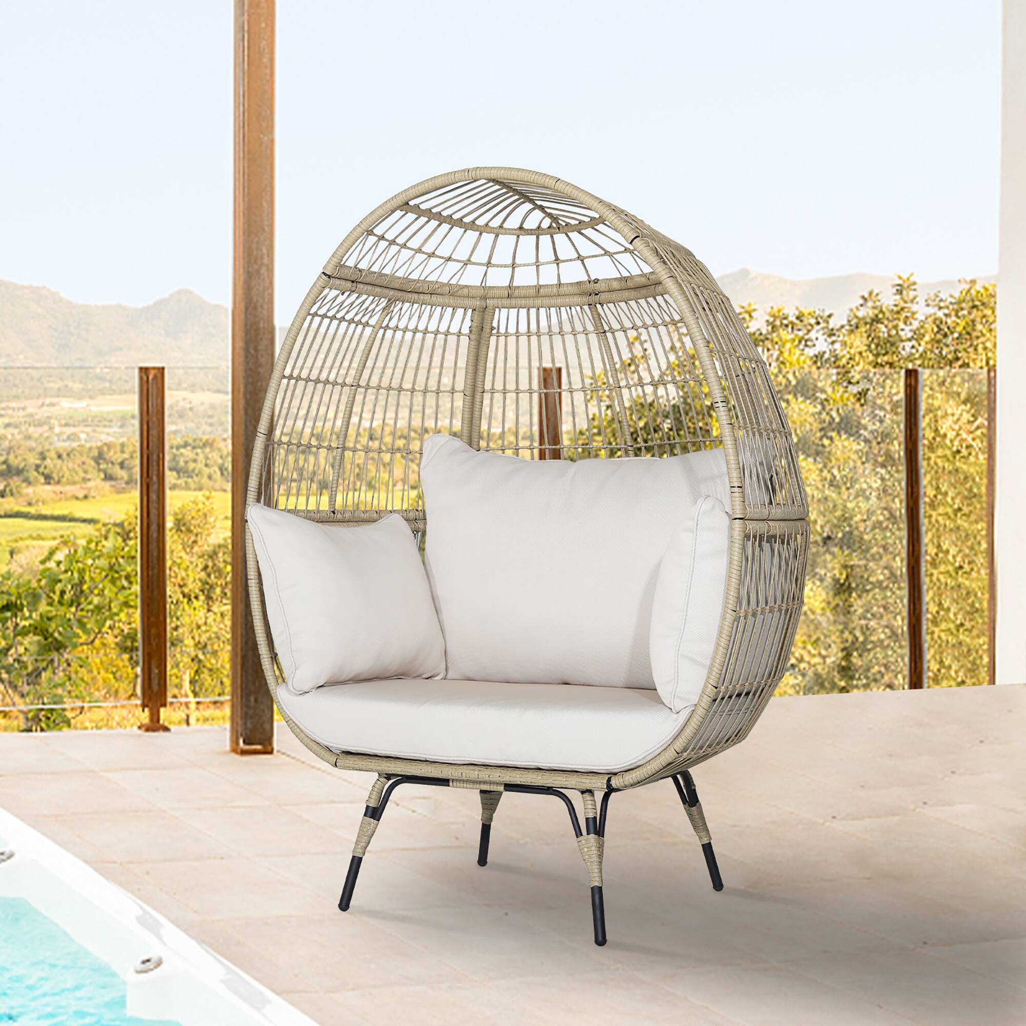 Alt View 4. Gymax - Gymax Patio Rattan Oversized Wicker Egg Chair Stationary Lounge Basket w/ 4 Soft Cushions - Light Brown.