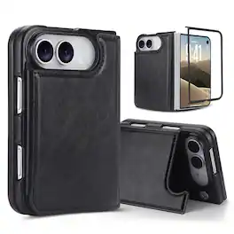 Dteck - Back Wallet Case for iPhone Duo with Card Slots ID Window, Shockproof RFID Blocking Fold-Out Stand PU Leather Cover - Black