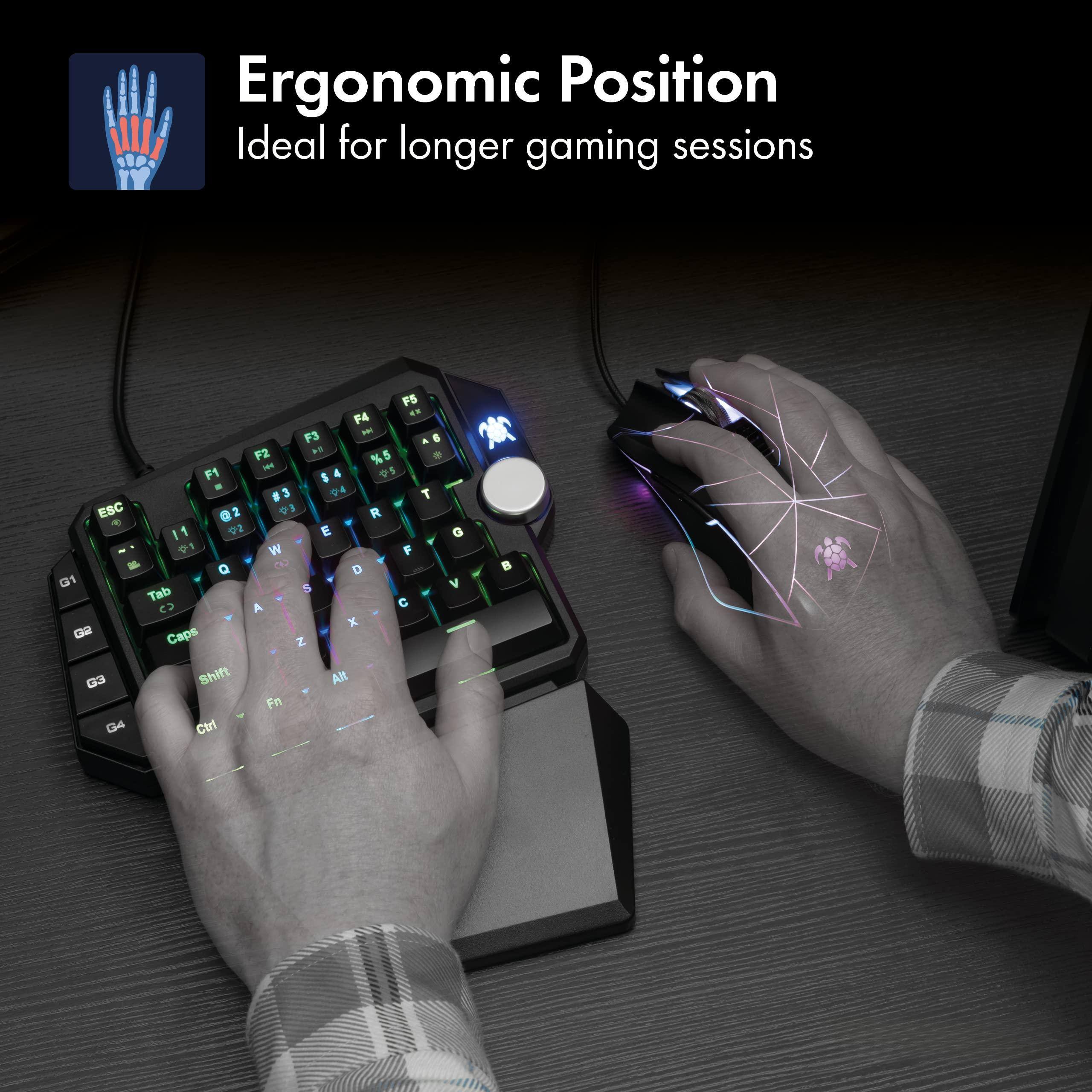 Ergonomic Position  
Ideal for longer gaming sessions  

F5 F4 F3 F2 F1  
ESC 1 2 3 4 5 6 7 8 9 0 - =  
Tab Q W E R T Y U I O P [ ] \  
Caps A S D F G H J K L ; '  
Shift Z X C V B N M , . /  
Fn Ctrl Alt