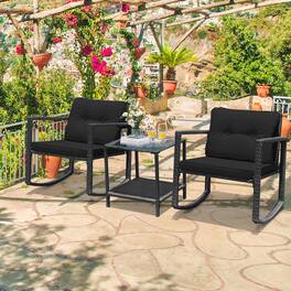 Gymax - 3PCS Rattan Rocking Chair Table Set Patio Furniture Set w/ Cushions - Black