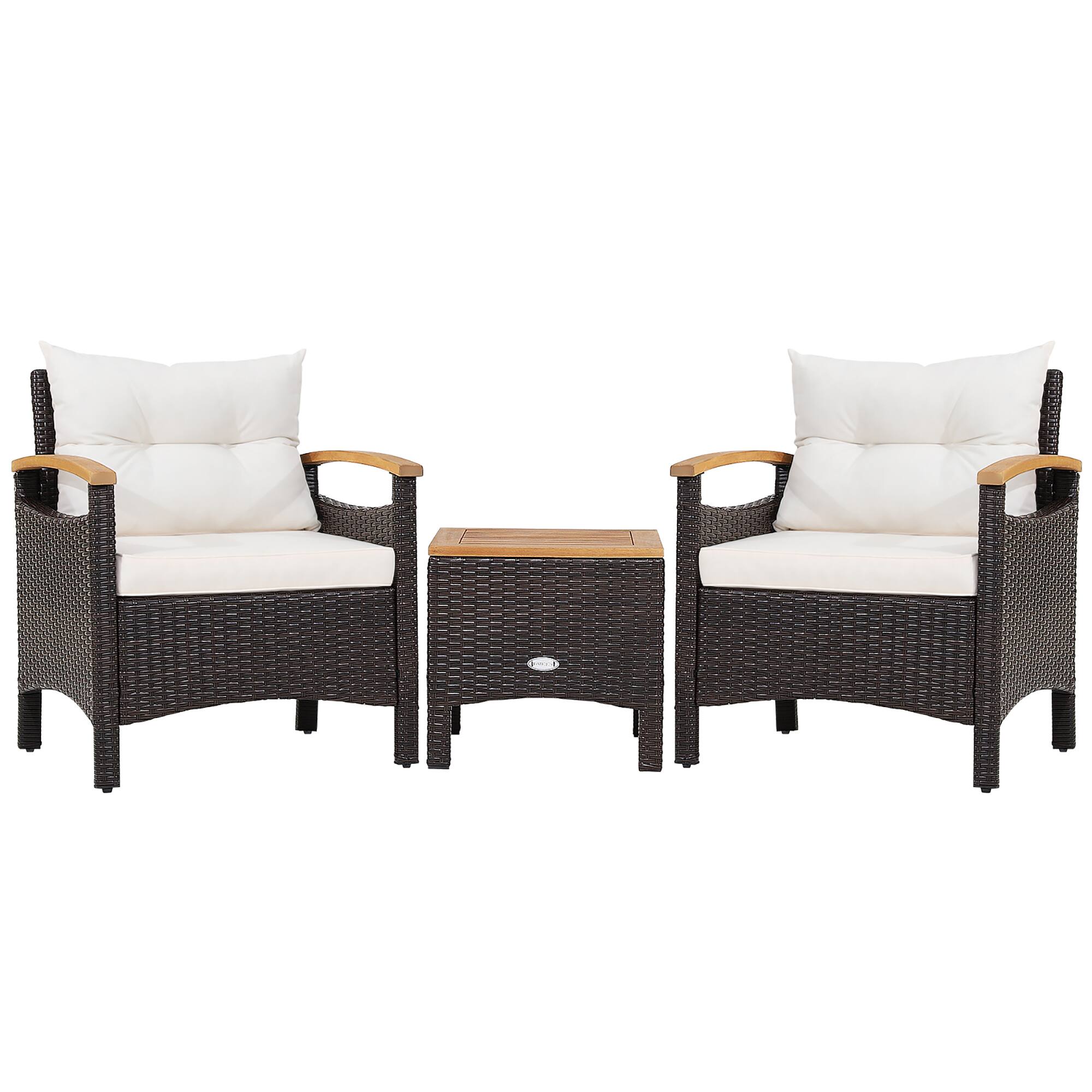 Alt View 9. Costway - Costway 3PCS Patio Rattan Furniture Set Wooden Armrest Table Top Cushioned Deck - Mix Brown,Off White.