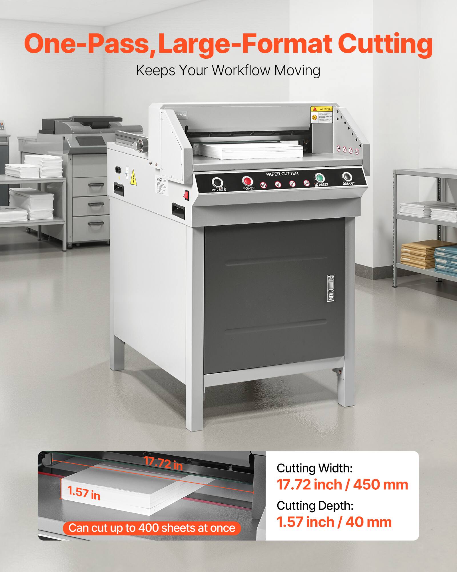 One-Pass, Large-Format Cutting Keeps Your Workflow Moving

EVOR
PAPER CUTTER
CUTRAL
POWER
RESET

17.72 in 1.57 in Can cut up to 400 sheets at once

Cutting Width: 17.72 inch/450 mm
Cutting Depth: 1.57 inch/40 mm