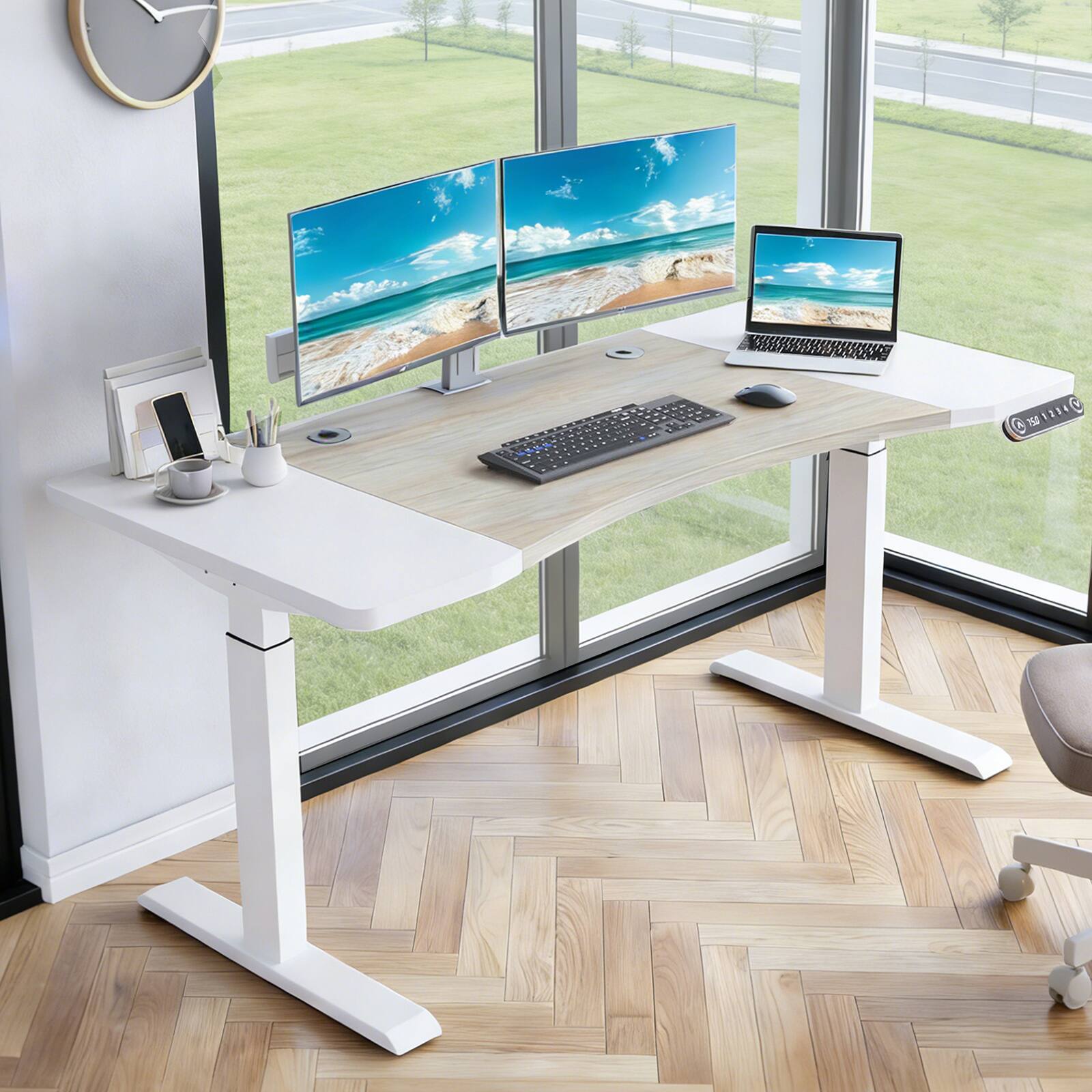 Alt View 1. Chateau Abodes - 63" Electric Standing Desk with Adjustable Height, Dual Motor Curve Design & 4 Memory Buttons - Oak White.