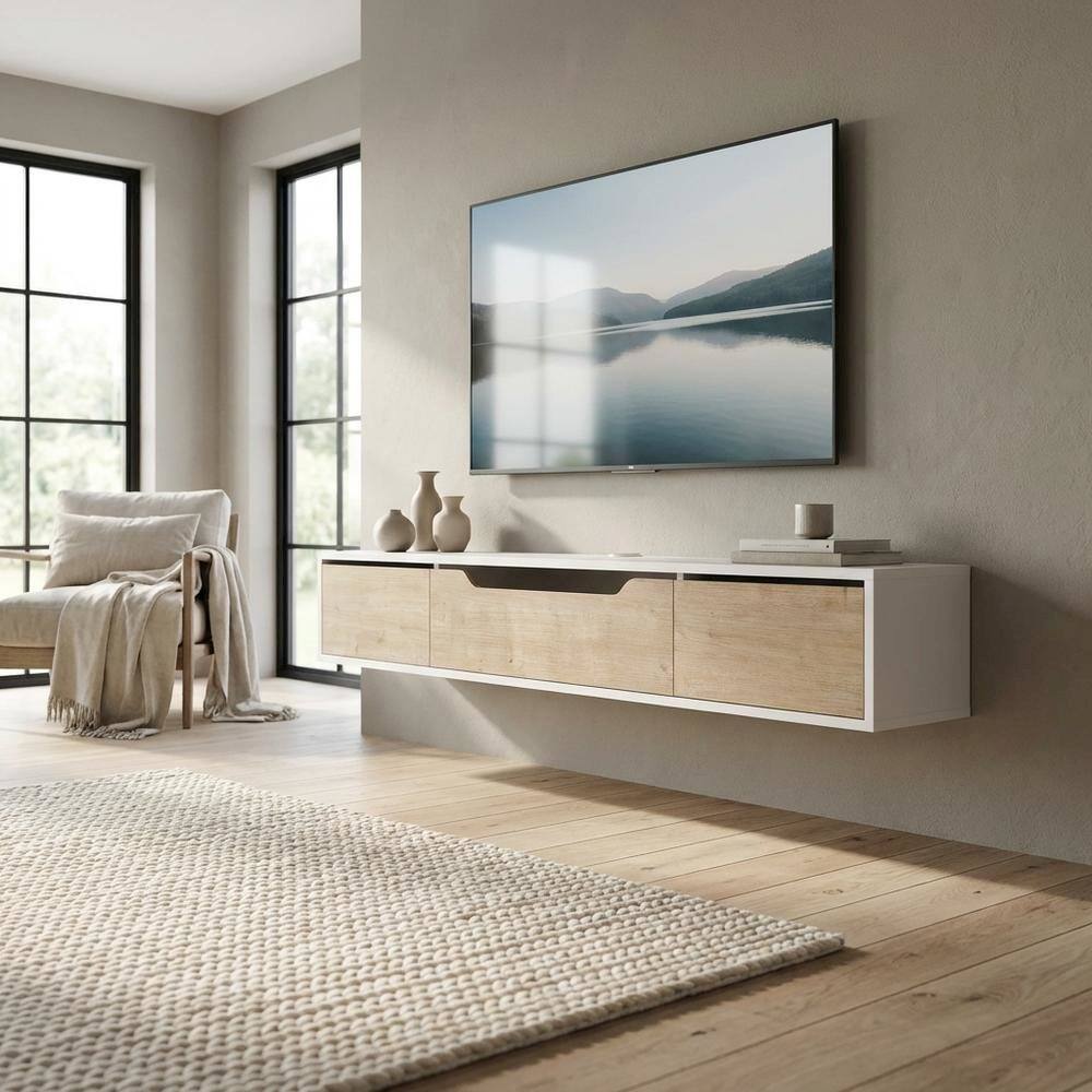 Alt View 2. FurniFact - White Floating TV Stand for Up to 80 Inch TVs – Wall Mounted Media Console - White.