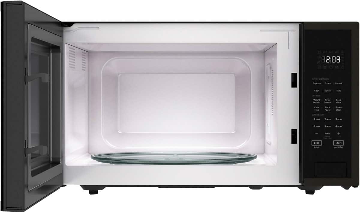 The text on the image reads: "88:08 AUTO FUNCTIONS Pepcorn Potato Reheal Cock Sweeten Meat OPTIONS Weight Timed Defrost Detrost Keep Warm Cock Time Cook Power Sleam Clean QUICK START min 2 min 3 min 4 min 5 min 6 min | Teor tune Stop Start Gnooch Add 30Sec."