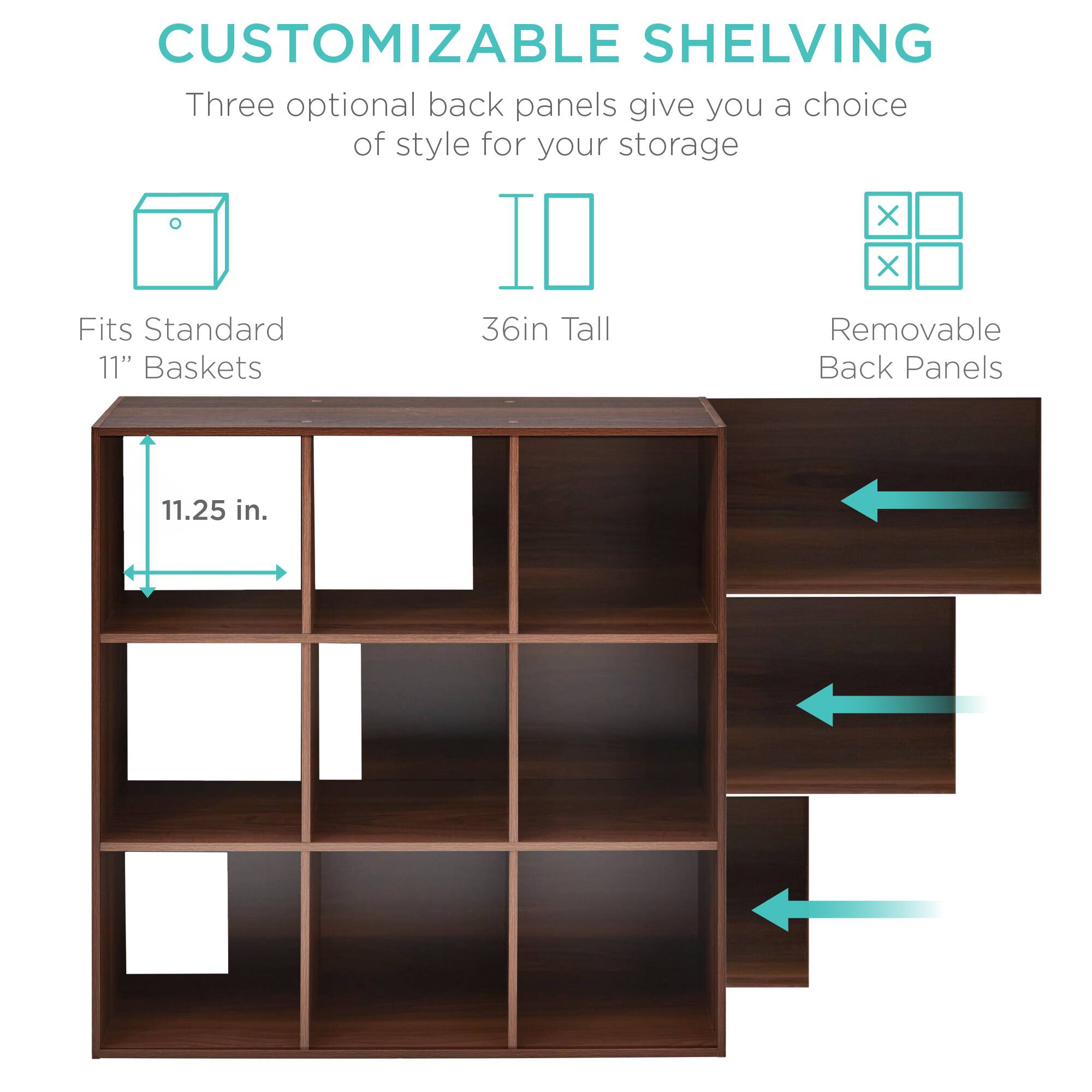 CUSTOMIZABLE SHELVING

Three optional back panels give you a choice of style for your storage

- Fits Standard 11" Baskets
- 36in Tall
- Removable Back Panels

11.25 in.