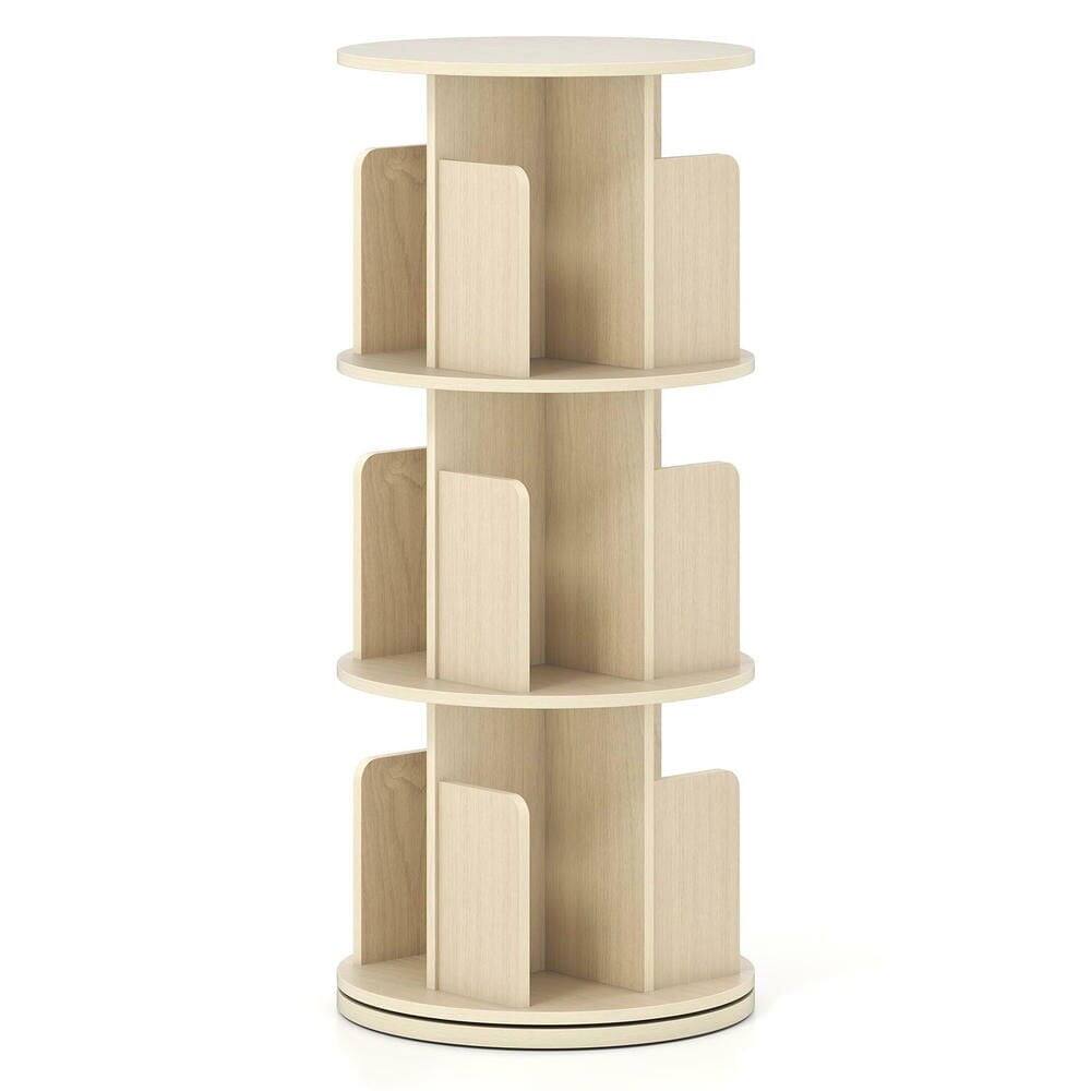 Alt View 2. Kadyn - 3-Tier Rotating Bookshelf - Dividers & Anti-Falling Baffles, Natural - Brown.