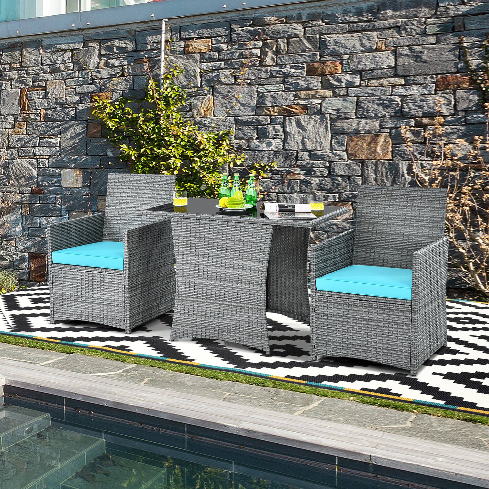 Alt View 4. Costway - Costway 3PCS Patio Rattan Furniture Set Cushioned Sofa Armrest - Turquoise.
