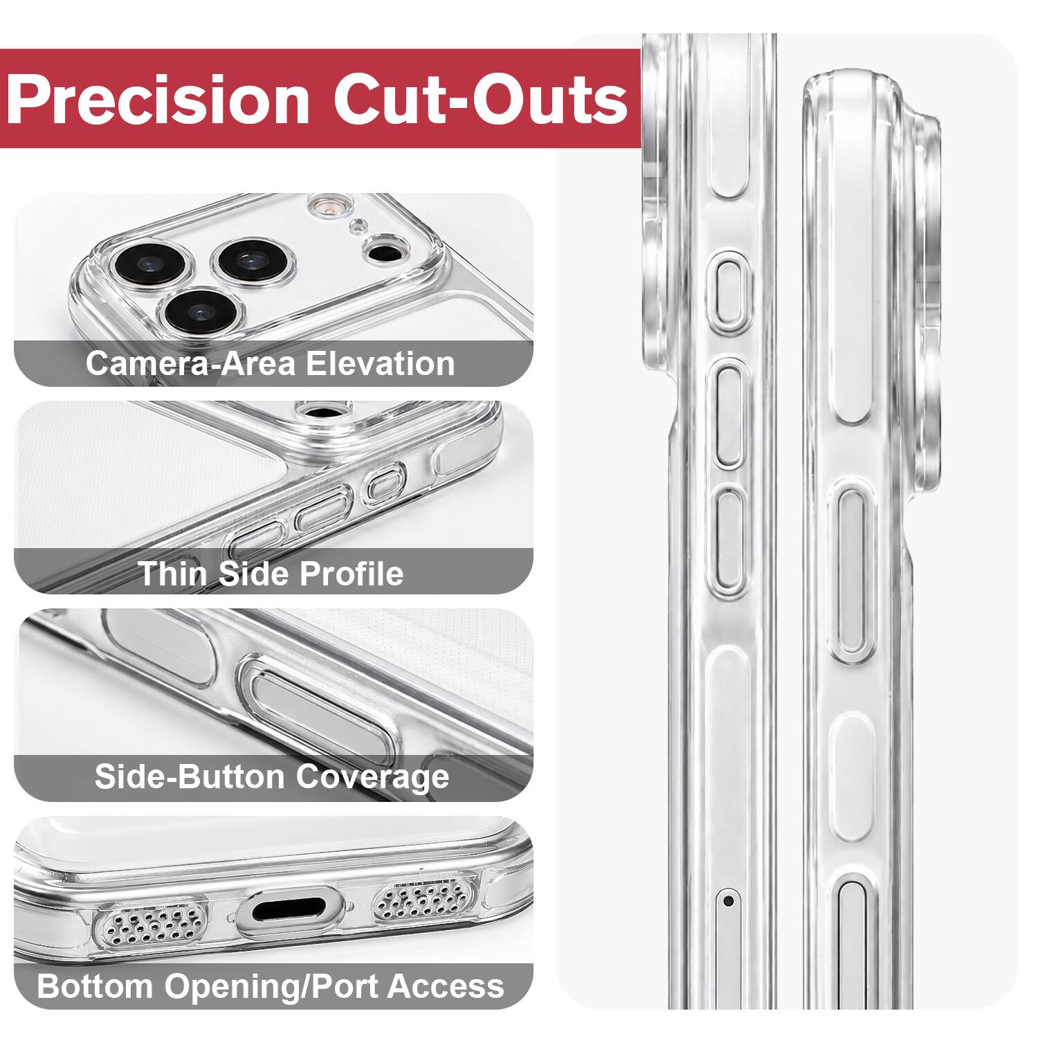 Precision Cut-Outs  
Camera-Area Elevation  
Thin Side Profile  
Side-Button Coverage  
Bottom Opening/Port Access