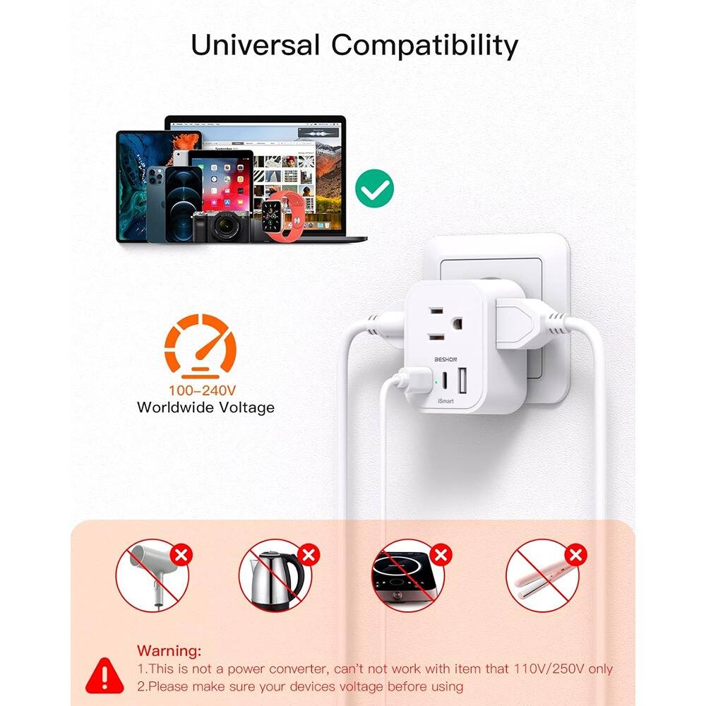 Universal Compatibility

100-240V Worldwide Voltage

Warning:
1. This is not a power converter, can't work with item that 110V/250V only
2. Please make sure your devices voltage before using