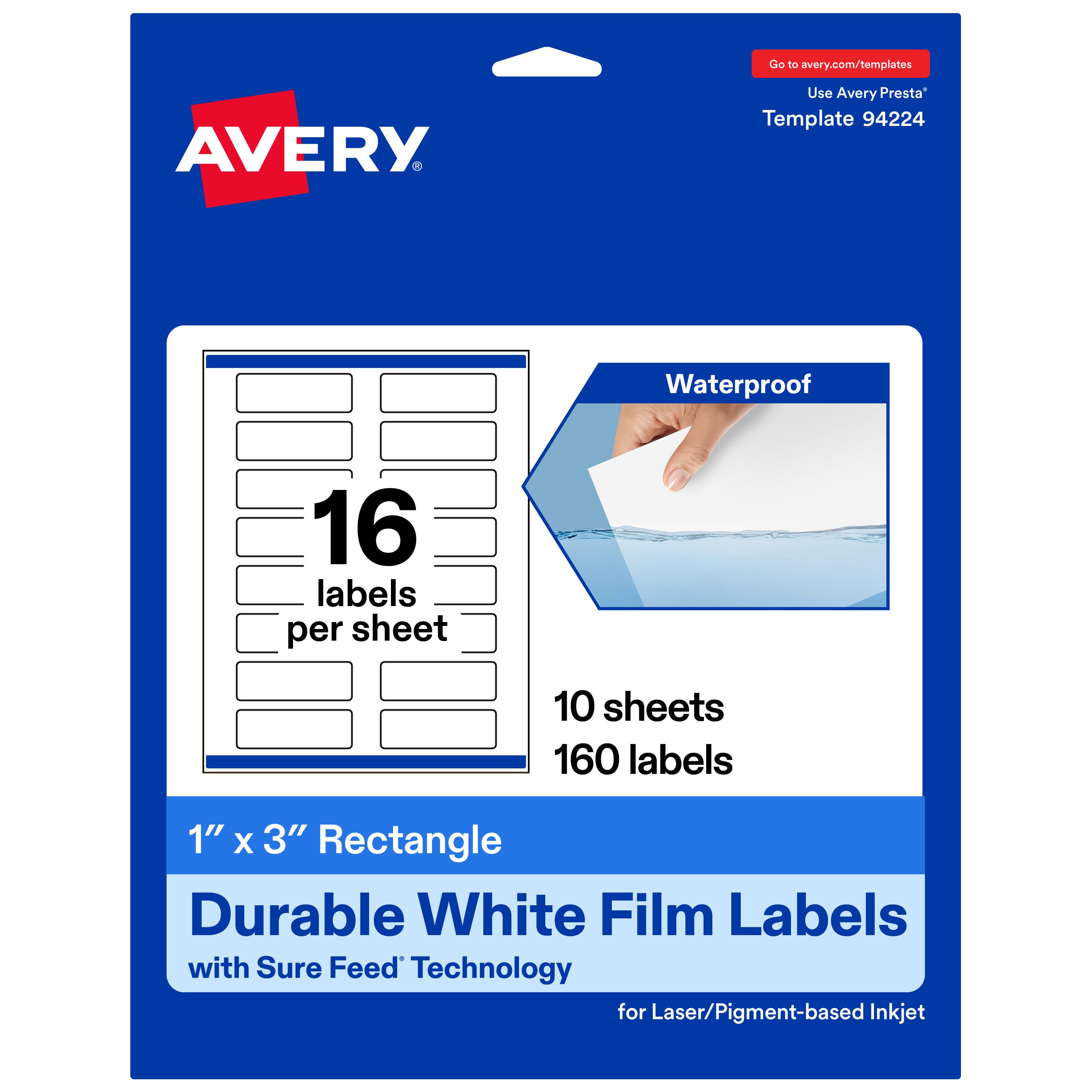 Go to avery.com/templates  
Use Avery Presta™ Template 94224  

Waterproof  
16 labels per sheet  
10 sheets  
160 labels  

1" x 3" Rectangle  
Durable White Film Labels with Sure Feed™ Technology for Laser/Pigment-based Inkjet