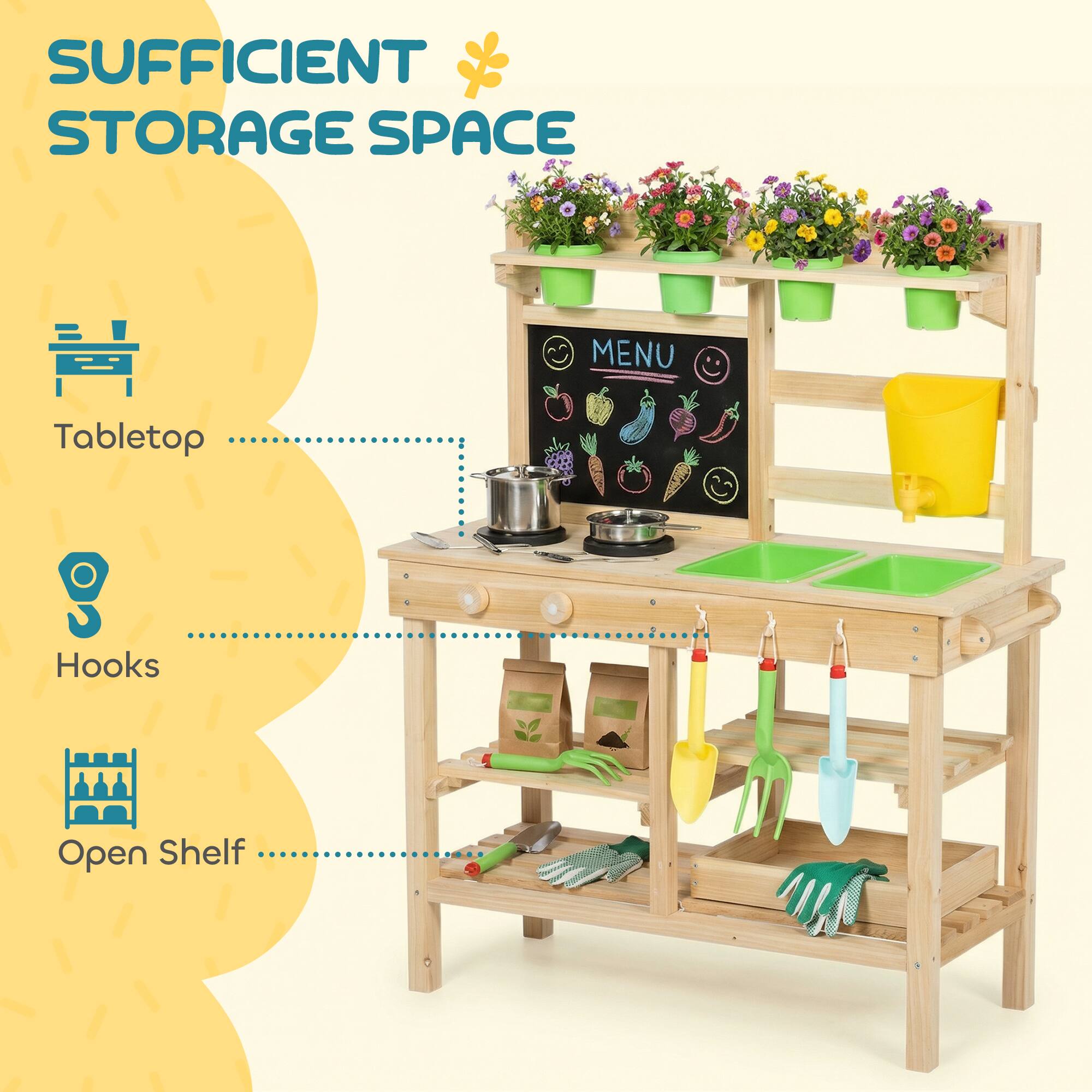 SUFFICIENT STORAGE SPACE

- Tabletop
- Hooks
- Open Shelf

MENU