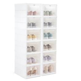 Costway - 6-Tier Shoe Organizer Set of 2 Folding Sneaker Storage Boxes Flip Door Shoe Rack - White & Transparent