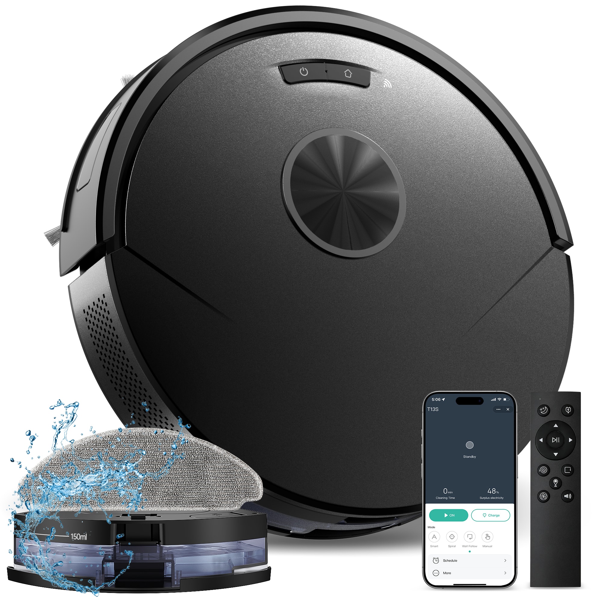 Teendow - 2-in-1 Robot Vacuum and Mop Combo with 8000Pa Suction, Ultra-Thin, 120-Min Runtime, Self-Charging, App & Remote Control - Black