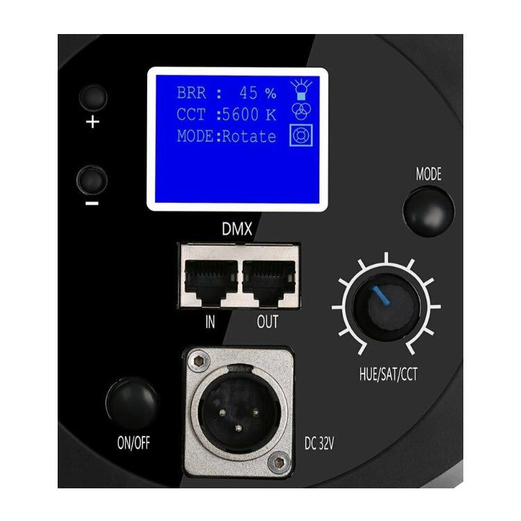BRR: 45%  
CCT: 5600 K  
MODE: Rotate  

DMX  
IN  
OUT  

HUE/SAT/CCT  
ON/OFF  

DC 32V
