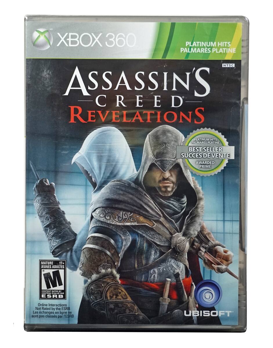 XBOX 360  
PLATINUM HITS  
PALMARES PLATINE  
NTSC  

ASSASSIN'S CREED REVELATIONS  

BEST SELLER  
SUCCE DE VENTE  
AWARDED PRIME  

MATURE 17+  
JEUNES ADULTES  
CONTENT RATED BY ESRB  

Online Interactions Not Rated by the ESRB  
Les échanges en ligne ne sont pas classés par l'ESRB  

UBISOFT