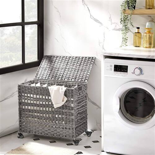 Left. SlickBlue - Rattan Laundry Hamper Cart with 3 Baskets and Removable Cotton Bags - Grey.